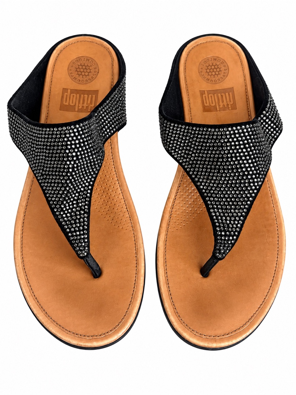 FitFlop Banda Glitz Sandals in black tan rhinestone embellished comfy travel 7M
